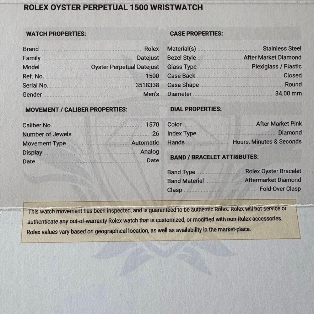 Authentic Rolex Oyster Perpetual Date 1500 34mm Buss Down Natural Diamond Watch - Picture 10 of 10